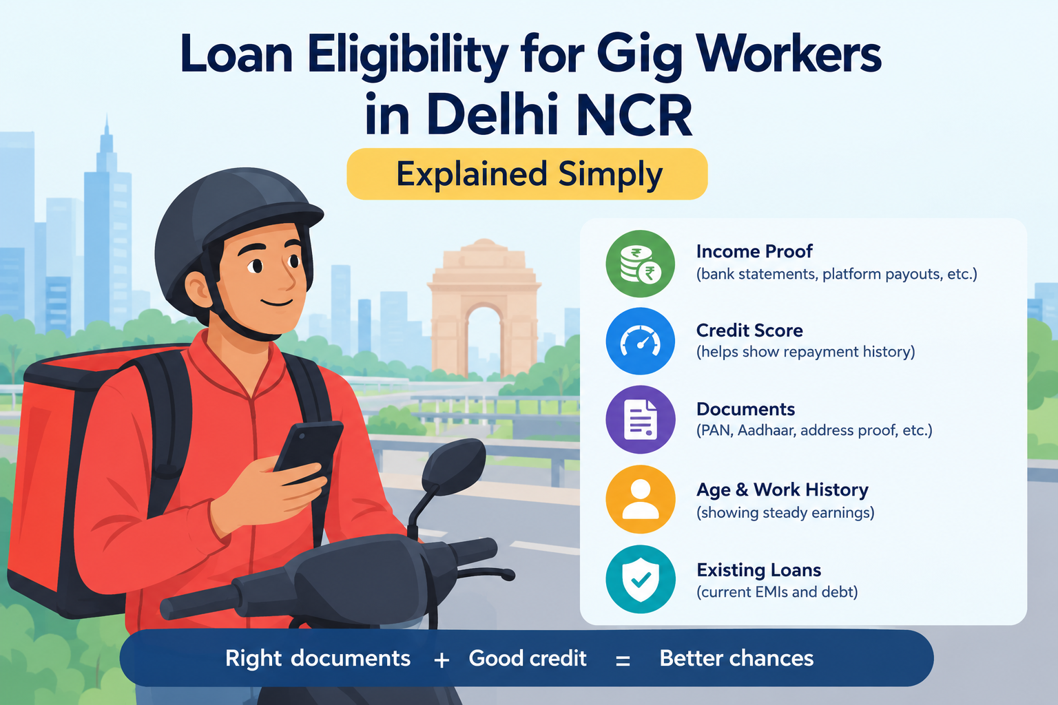 Loan eligibility for gig workers in Delhi NCR explained simply, covering income proof, credit score, required documents, age, work history, and existing loan EMIs.
